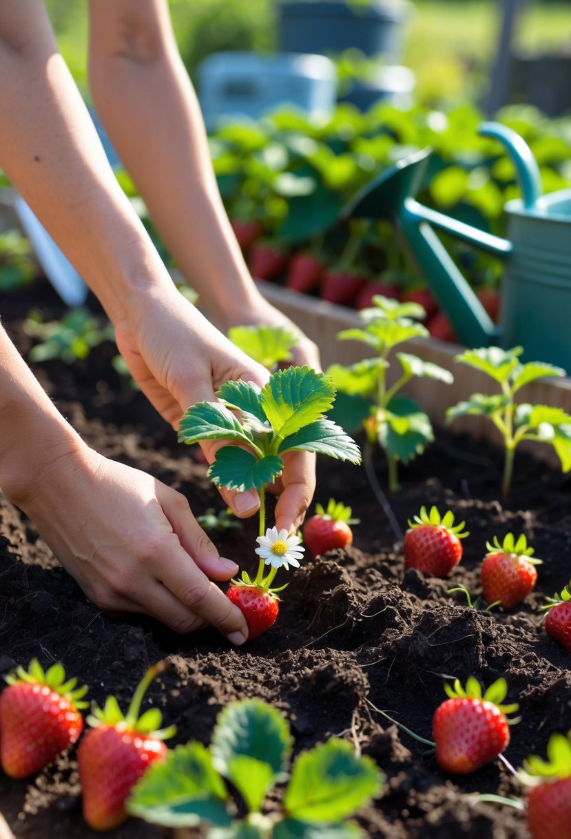 Hands planting a young strawberry plant into soil in a garden with ripe strawberries nearby.