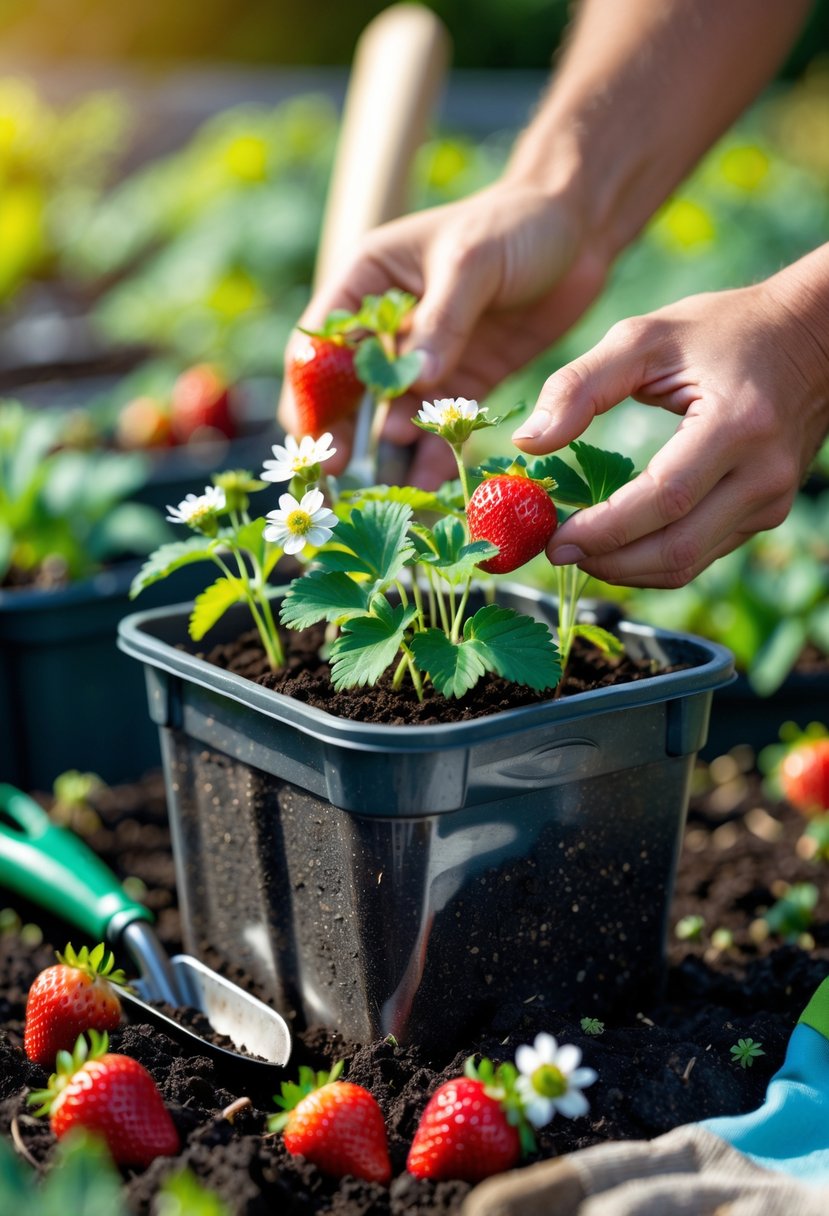 Hands planting strawberry seedlings into a container with soil outdoors, surrounded by gardening tools.
