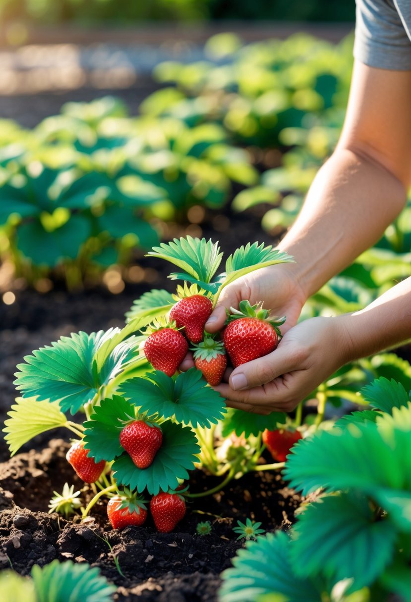 Hands caring for healthy strawberry plants with ripe red strawberries in a garden.