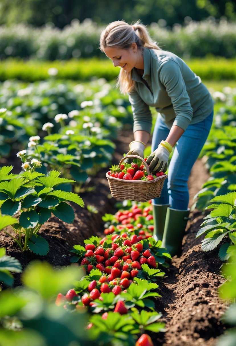 Person harvesting ripe strawberries from a healthy strawberry patch outdoors on a sunny day.