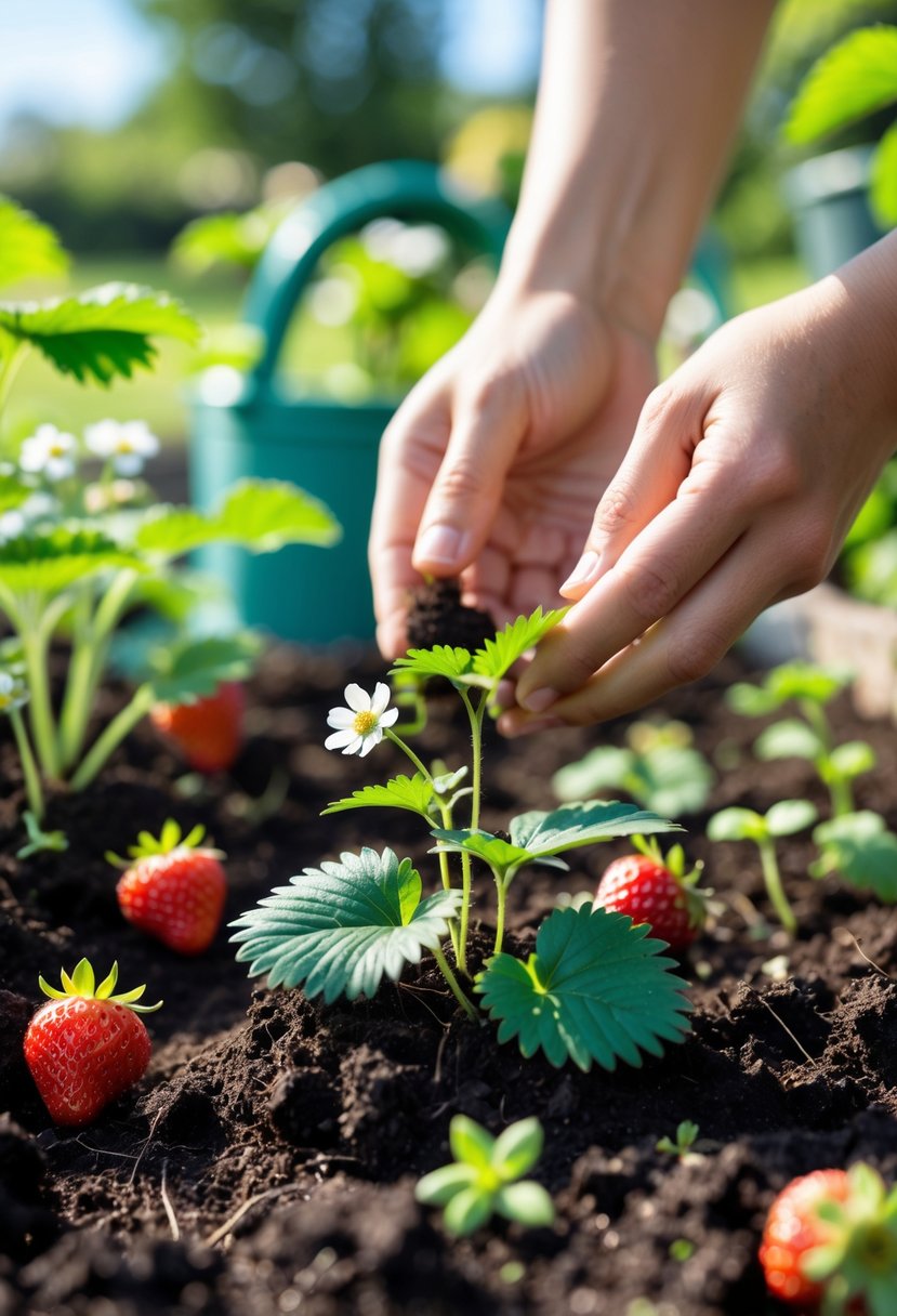 Hands planting young strawberry seedlings in soil in a garden with green leaves and flowers.