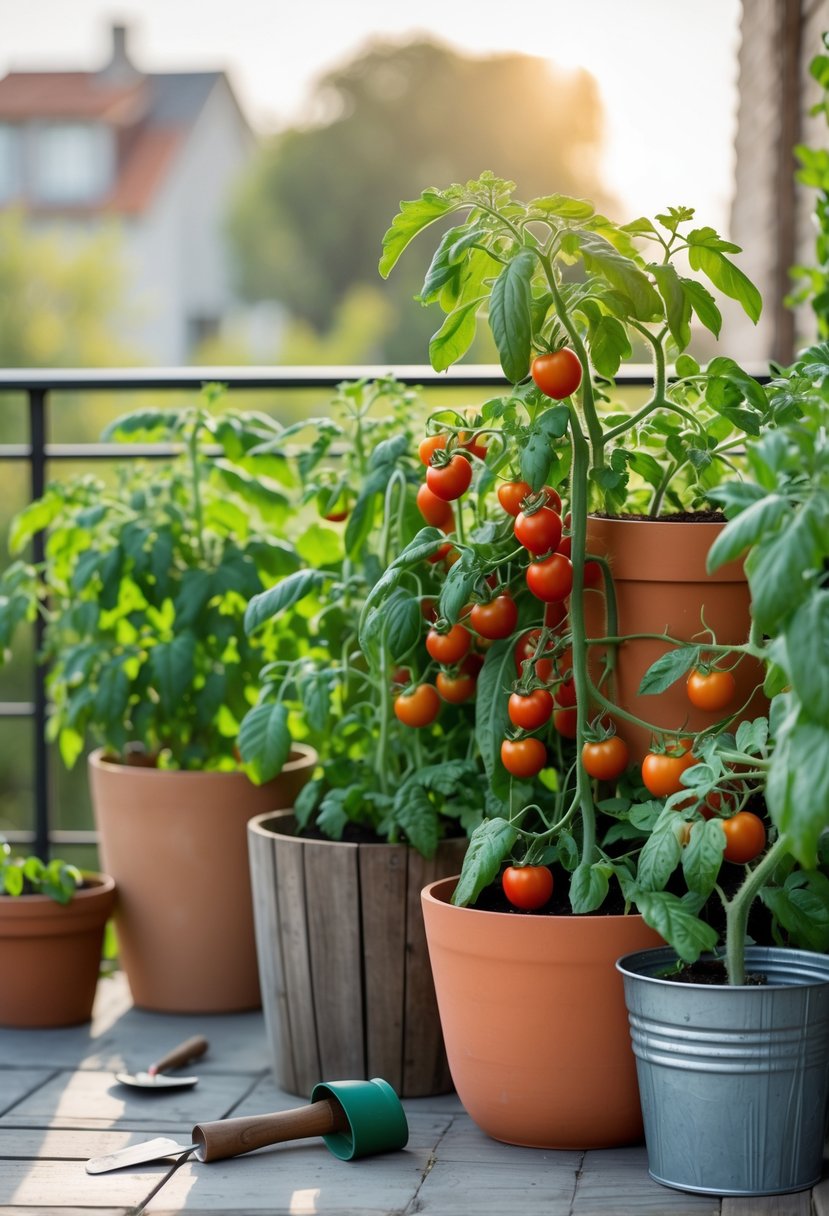 Tomato plants growing in containers with ripe red tomatoes on a sunny balcony or patio.