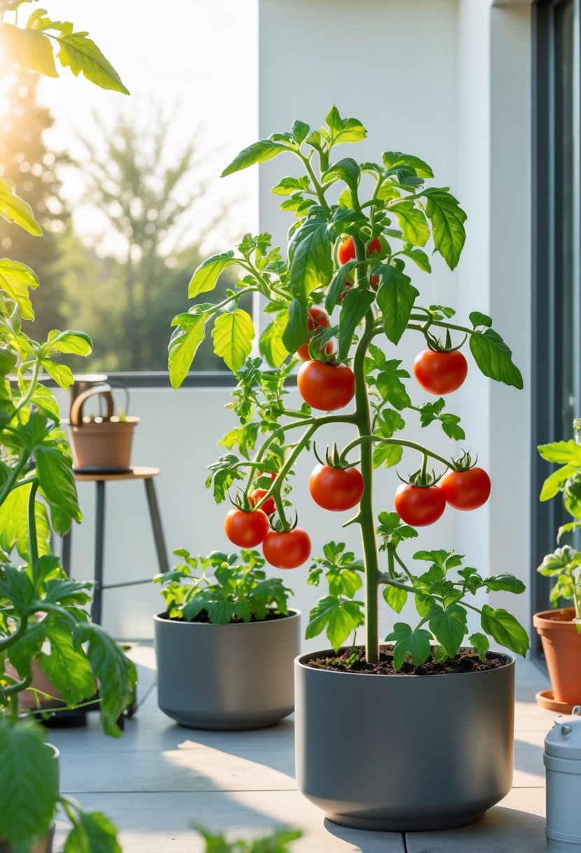 Tomato plants with ripe red tomatoes growing in containers on a sunny patio with gardening tools nearby.