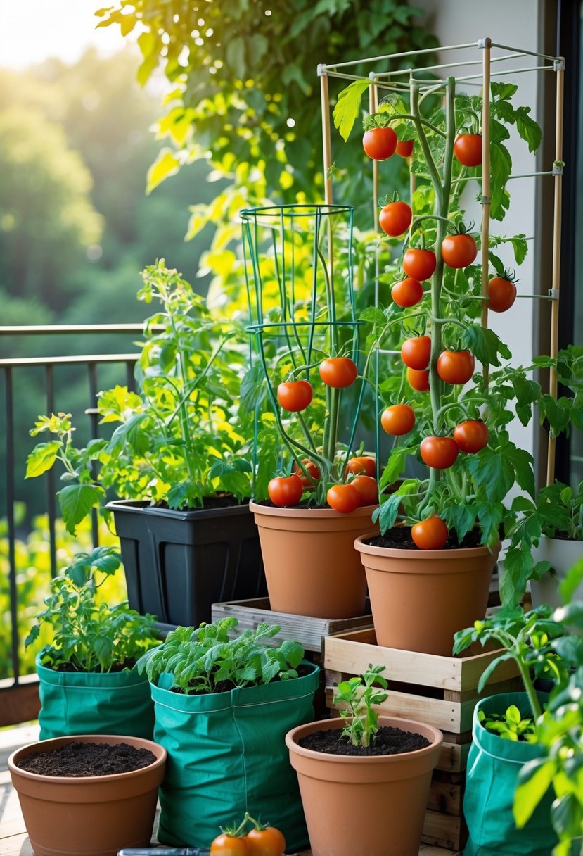 Various tomato plants growing in different types of containers on a sunny balcony with gardening tools nearby.