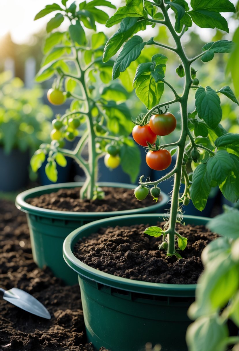 Tomato plants growing in large containers filled with rich soil outdoors, showing green leaves and developing tomatoes.