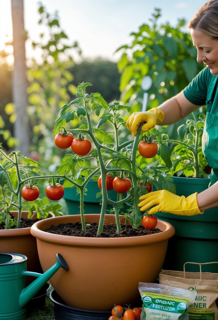 Hands inspecting healthy tomato plants growing in large containers outdoors with gardening tools nearby.