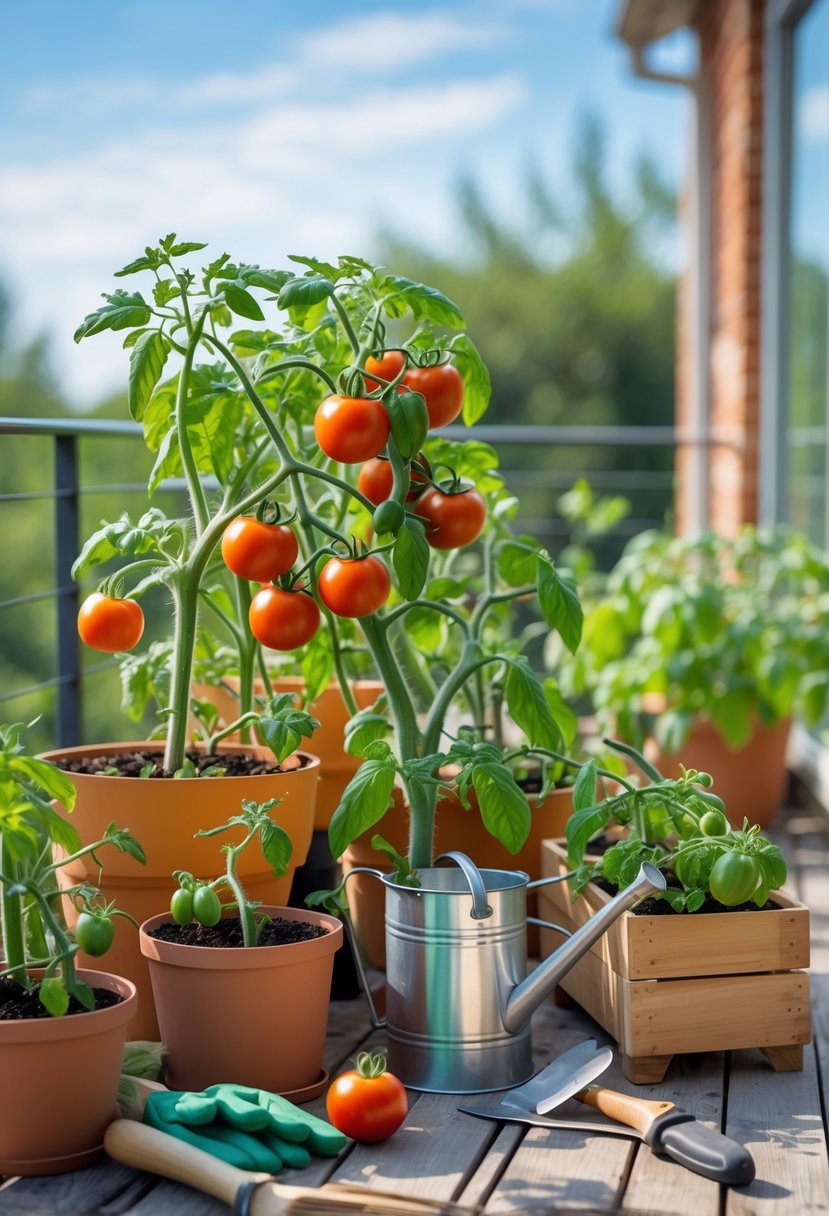 Tomato plants with ripe tomatoes growing in containers on a sunlit balcony with gardening tools nearby.