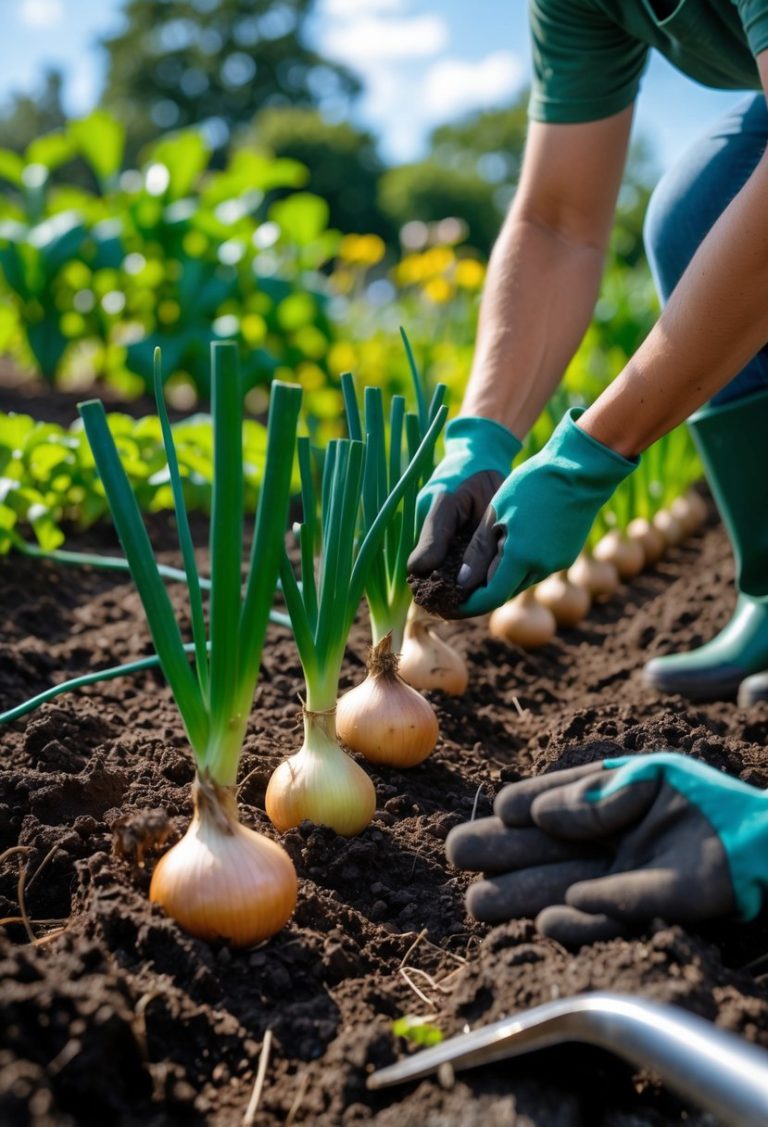 Hands planting onion bulbs in soil with green onion shoots growing in a garden.