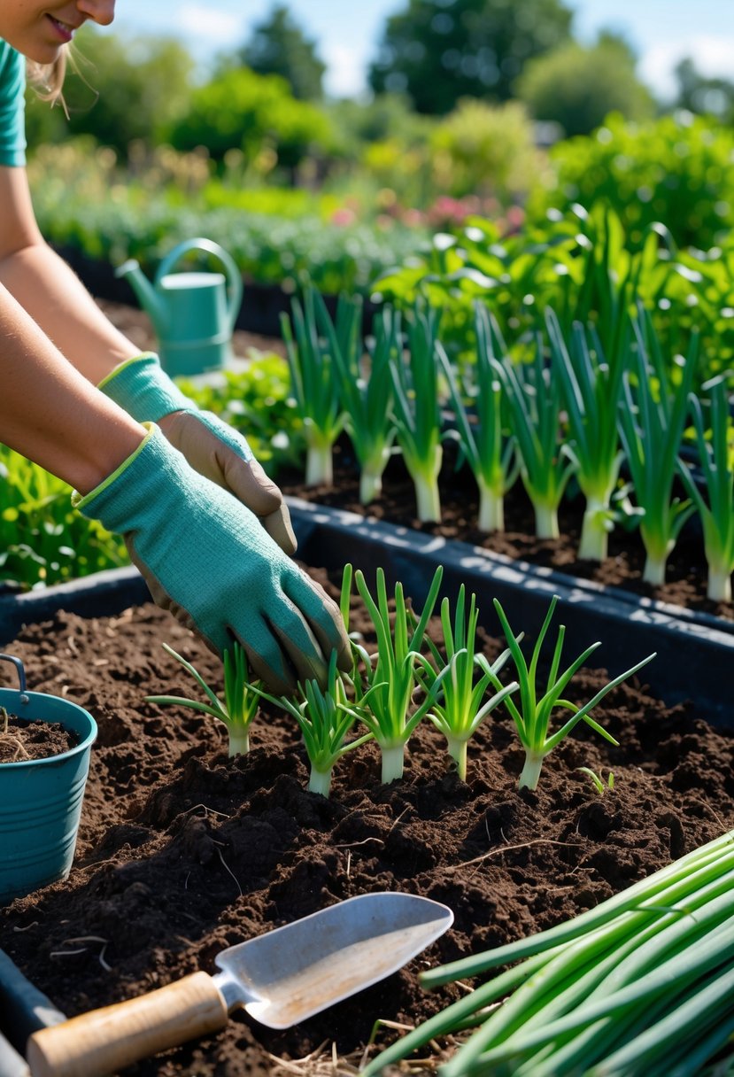 Hands planting onion seedlings into soil in a sunny garden with gardening tools nearby and growing onion plants around.