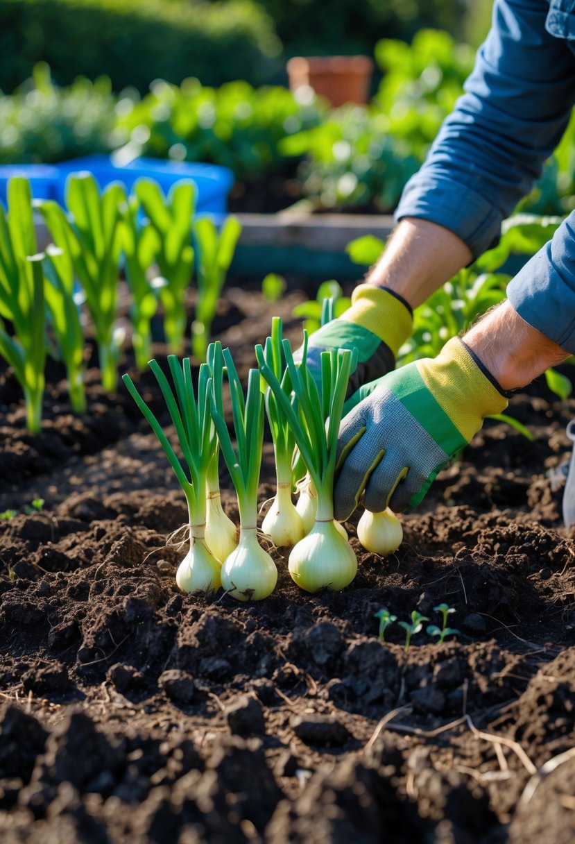 Hands planting onion sets in soil with green onion shoots growing in a garden bed.