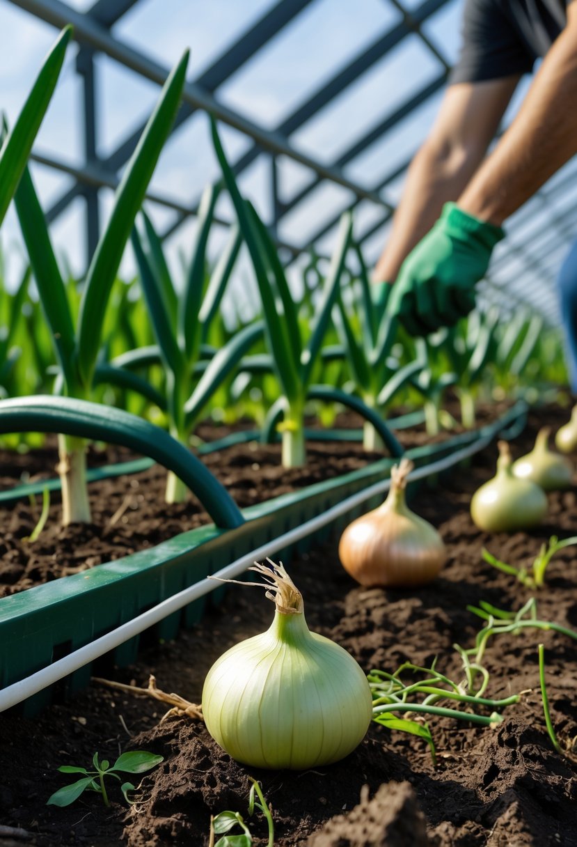 A gardener tending to healthy onion plants growing in a garden with green leaves and visible onion bulbs in soil.