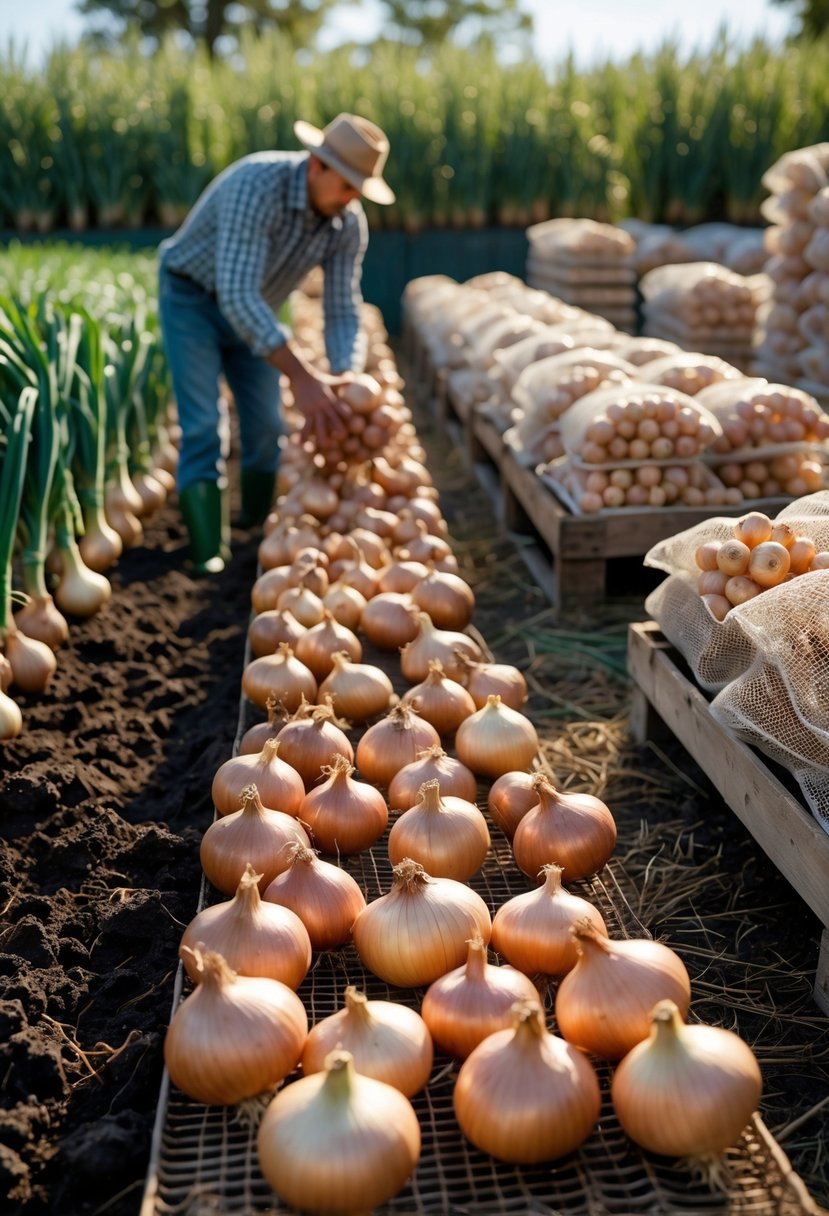 A person harvesting onions from soil, onions laid out for curing in sunlight, and stored onions in mesh bags in a farm setting.