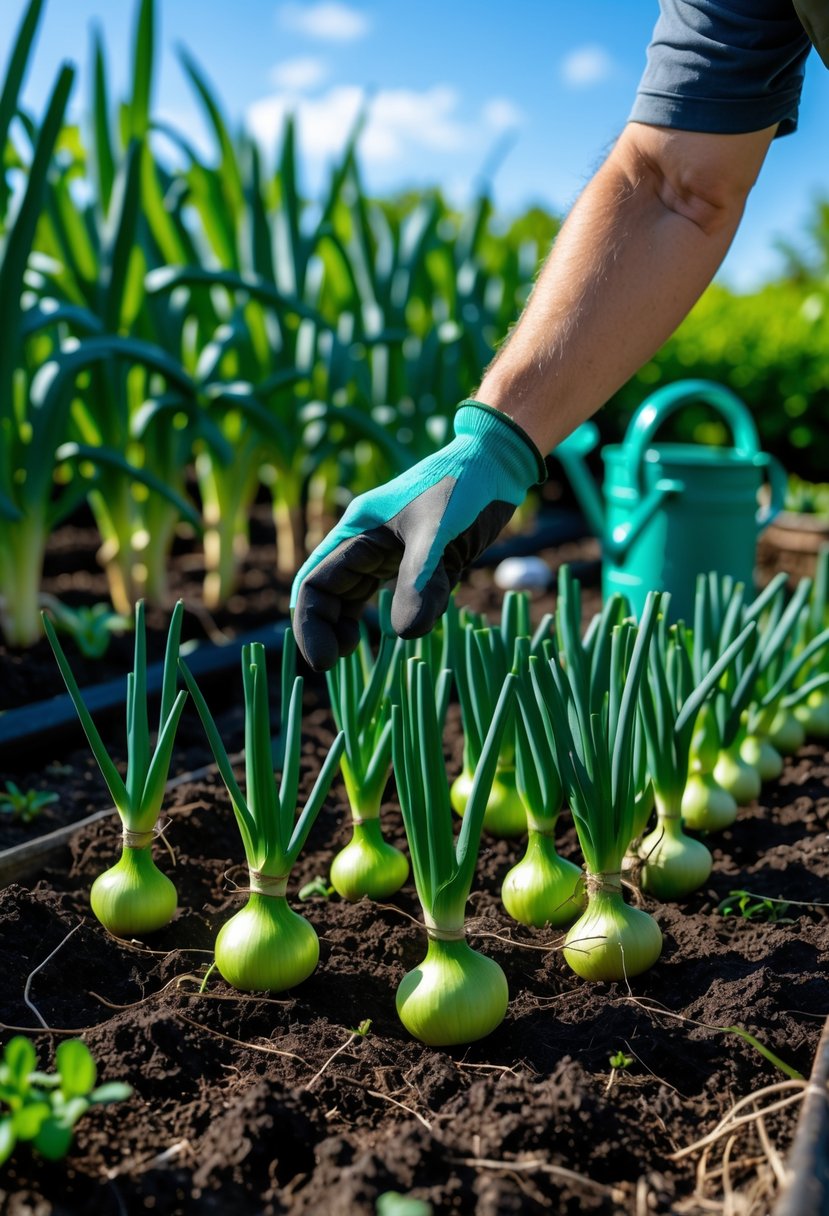 A garden with healthy green onion plants growing in rows and a gardener's gloved hand inspecting them.