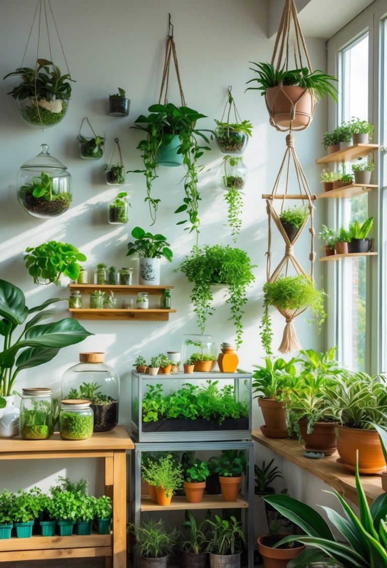 A bright indoor room filled with various plants displayed in different containers and arrangements, including hanging planters, shelves, terrariums, and a small greenhouse, with sunlight coming through large windows.