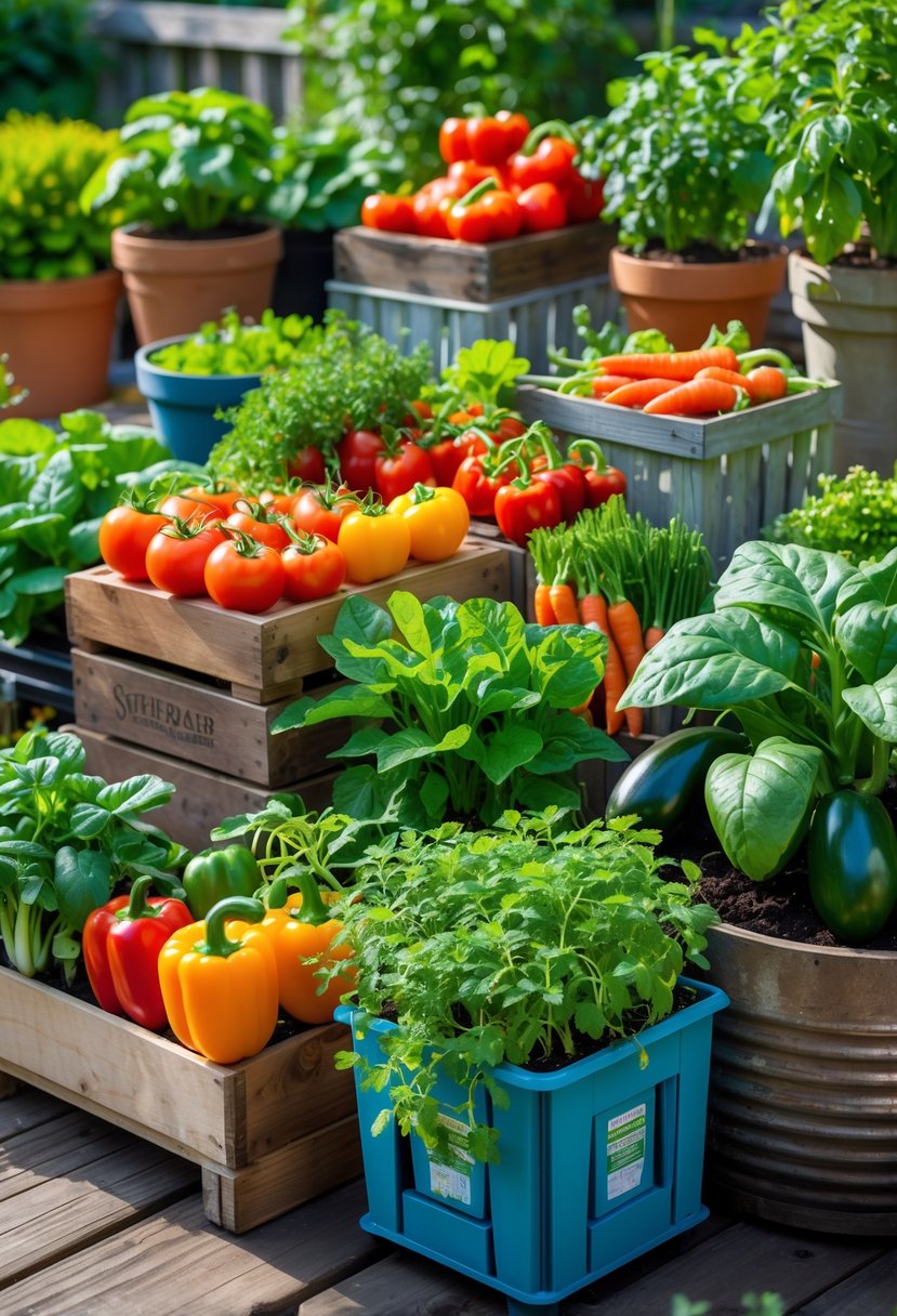 A variety of vegetables growing in different containers arranged outdoors on a wooden surface.