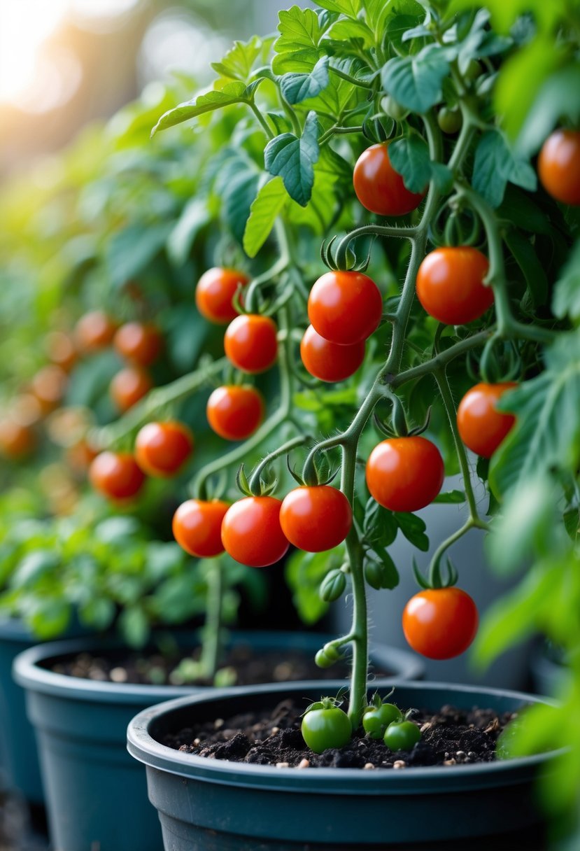 Cherry tomato plants with ripe red tomatoes growing in deep pots as part of a container vegetable garden.