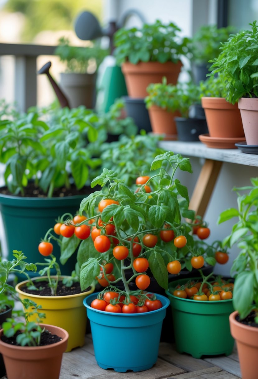 Small dwarf tomato plants with ripe red tomatoes growing in colorful containers on a balcony garden with gardening tools and herbs nearby.