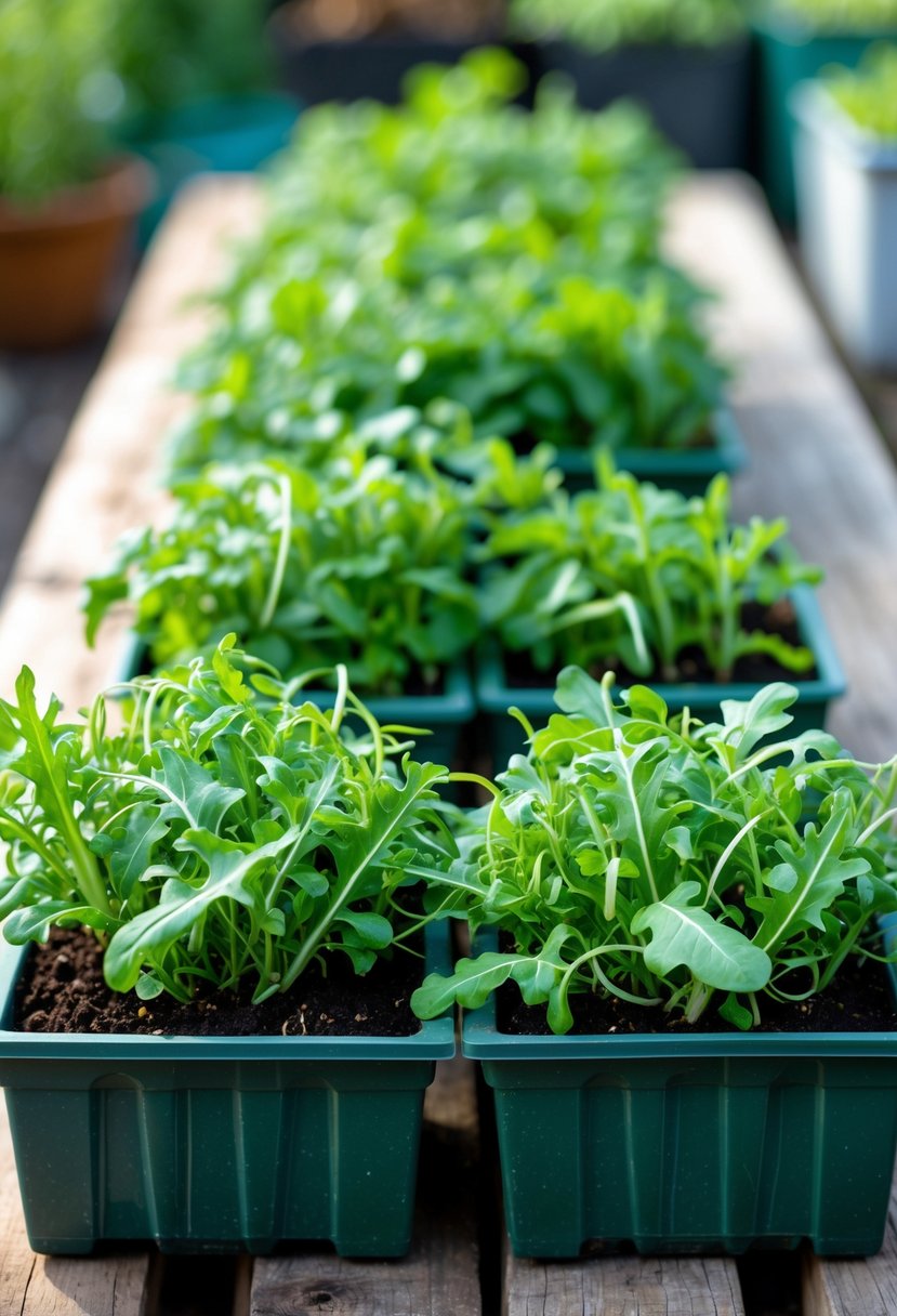Fresh arugula plants growing in shallow containers arranged on a wooden surface.