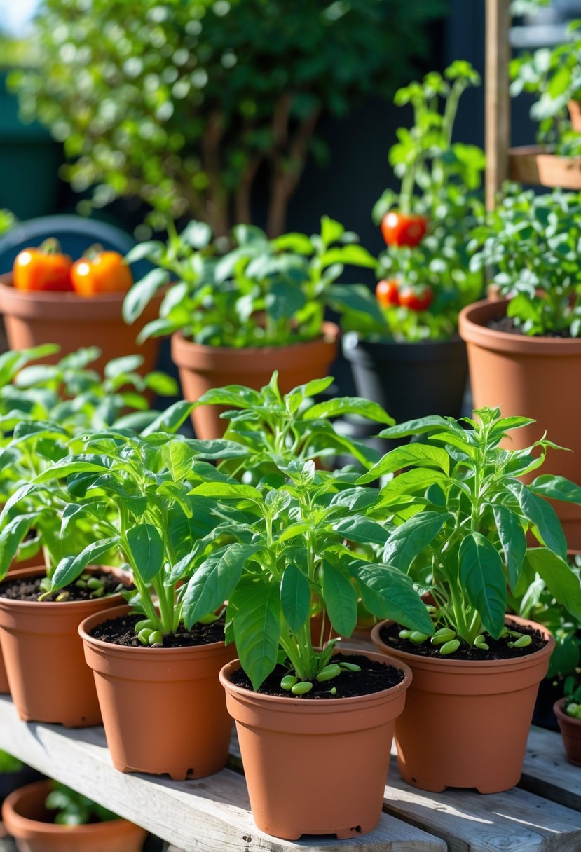 Healthy bush bean plants growing in 12-inch pots arranged outdoors with other vegetable containers in a sunny garden.