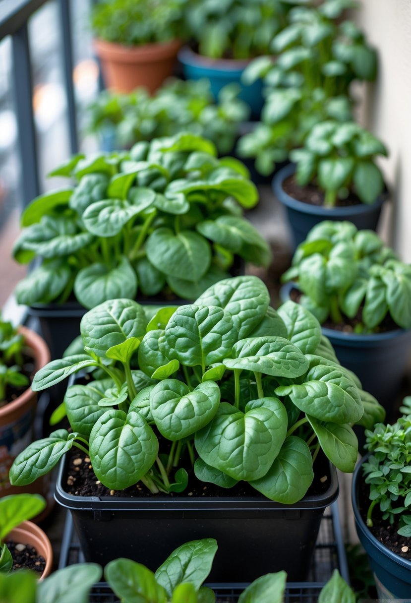 A small container garden with healthy spinach plants and other vegetables growing in pots on a balcony.