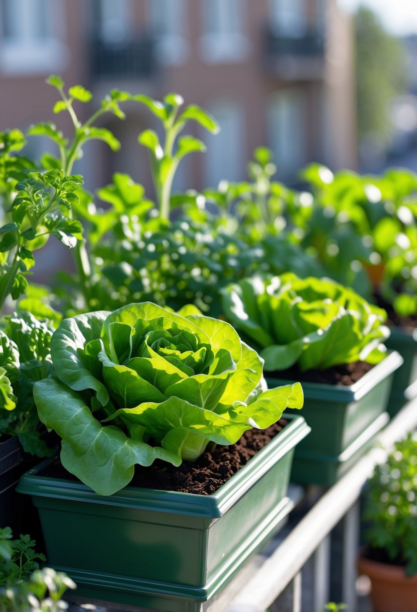 Lush green lettuce growing in multiple window boxes on a sunny balcony with other vegetable plants nearby.