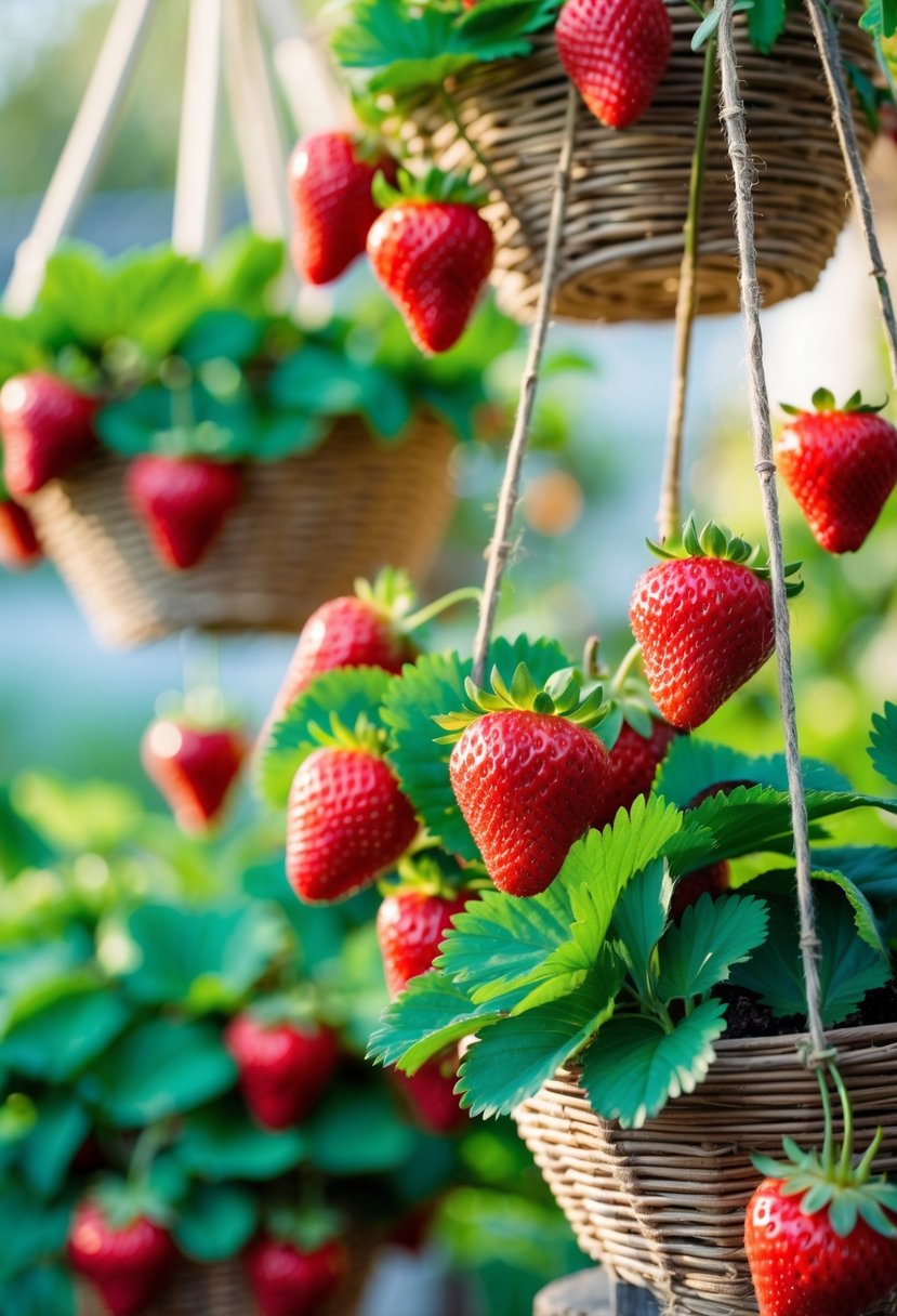 Ripe red strawberries growing in hanging baskets outdoors with green leaves.