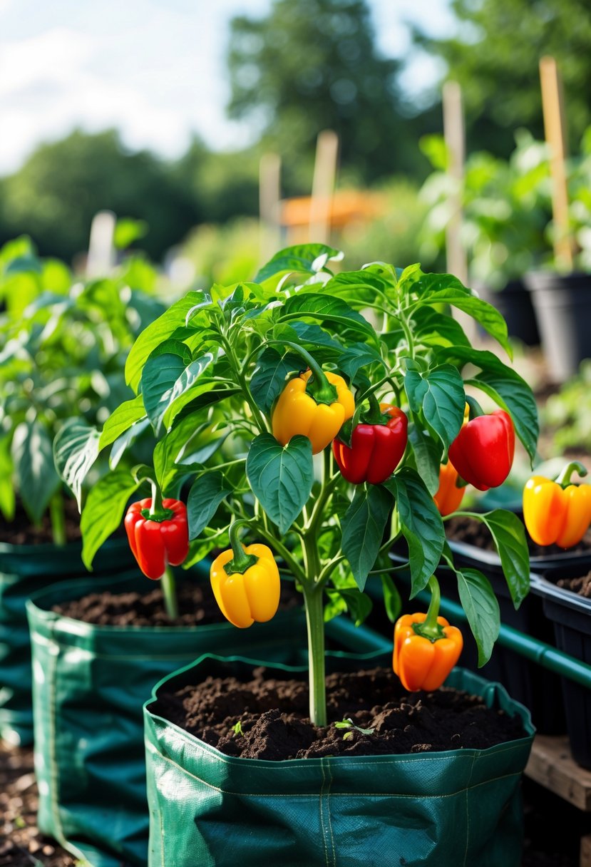Bell pepper plants growing in large 15-gallon grow bags outdoors with colorful peppers and green leaves.