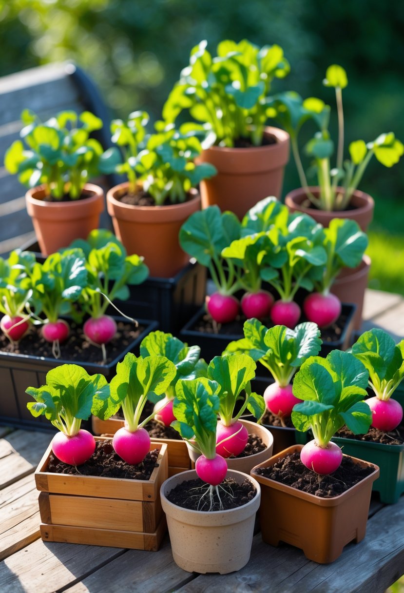 Several small containers filled with fresh radishes growing outdoors on a wooden surface.