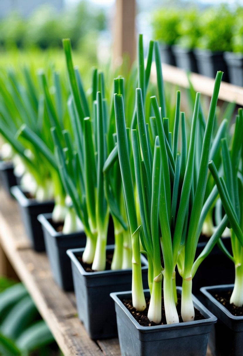 Green onions growing in narrow rectangular pots arranged in a row on a wooden surface.