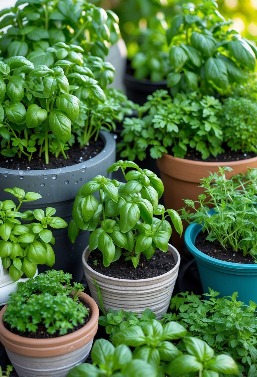 A collection of fresh basil and parsley plants growing in various containers arranged together, showing a small container garden with healthy green herbs and vegetables.