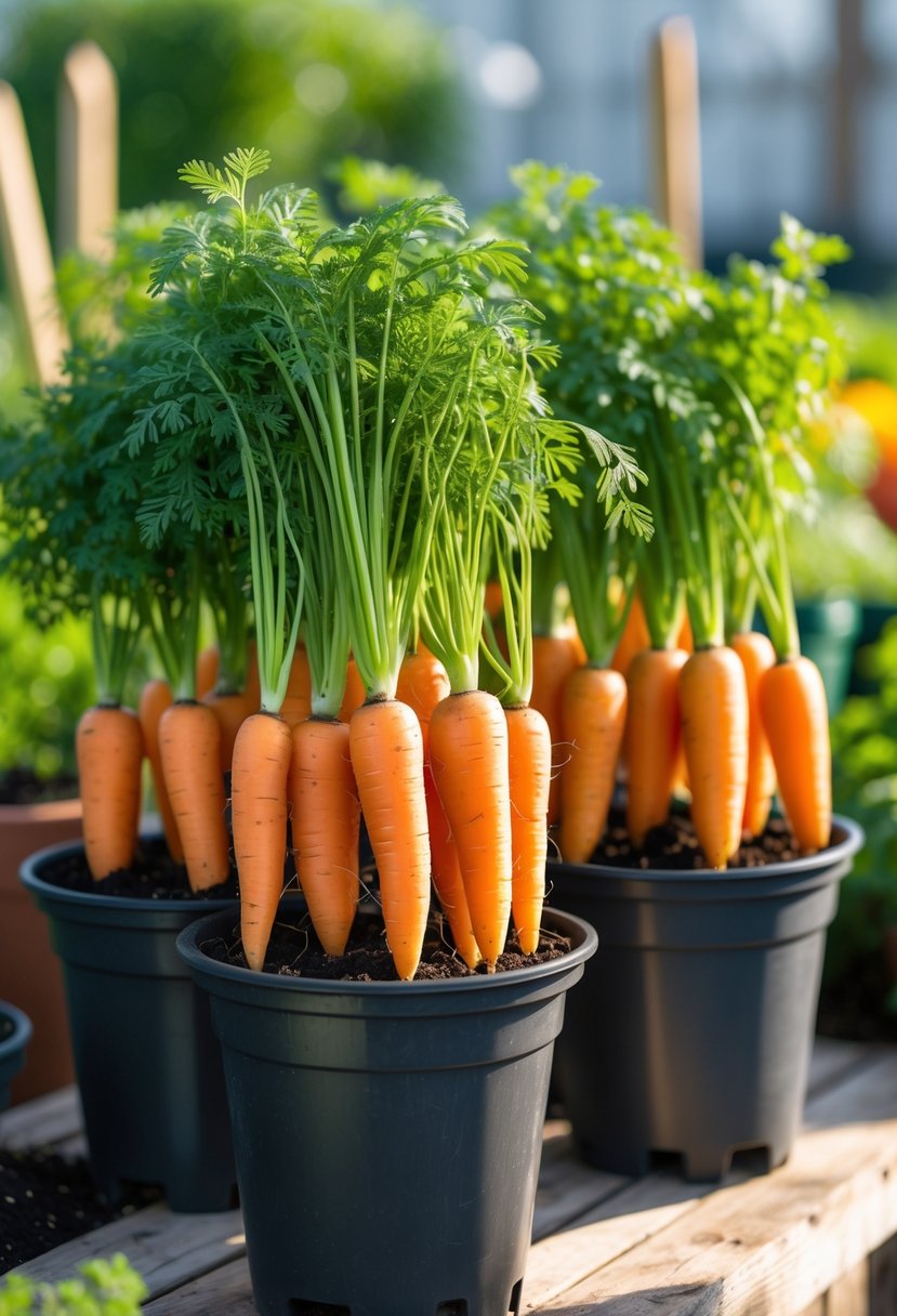 Orange carrots growing in deep, narrow pots with green tops in a container garden setting.