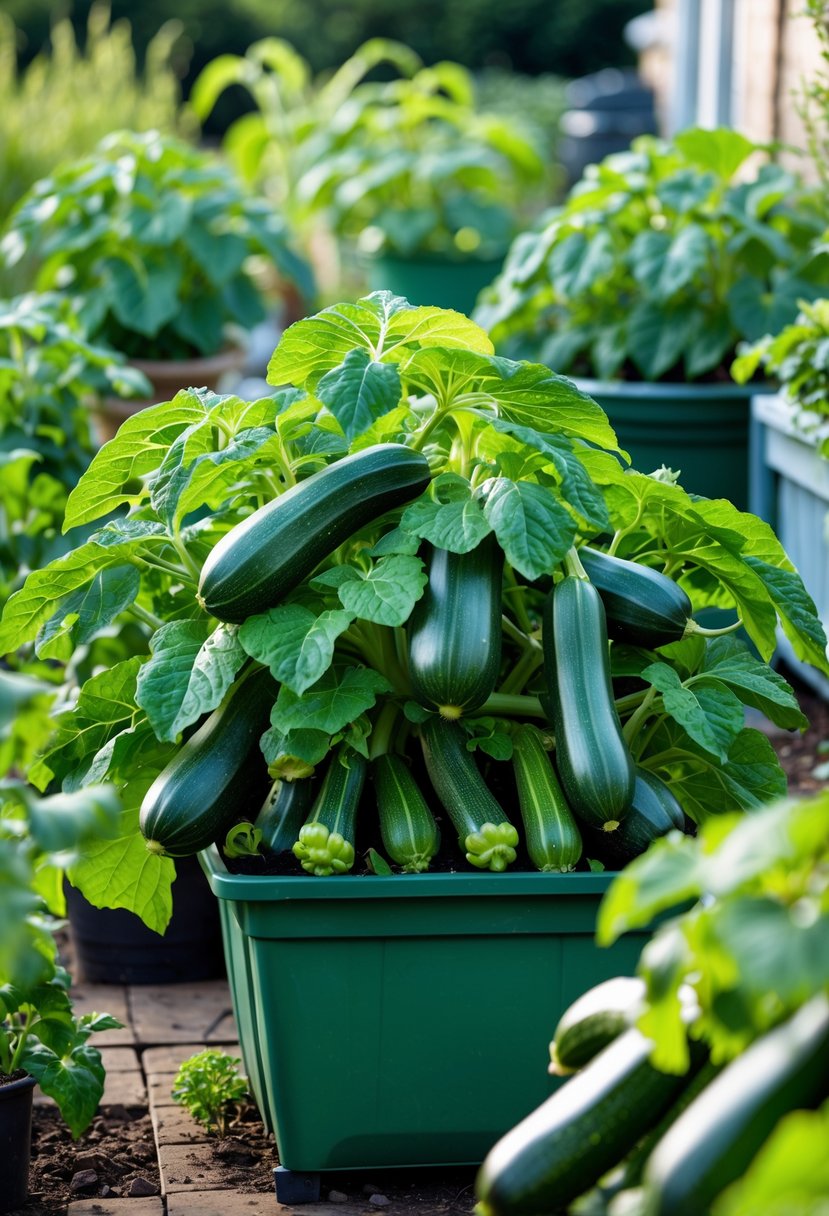Several large containers filled with healthy zucchini plants growing outdoors in a garden.