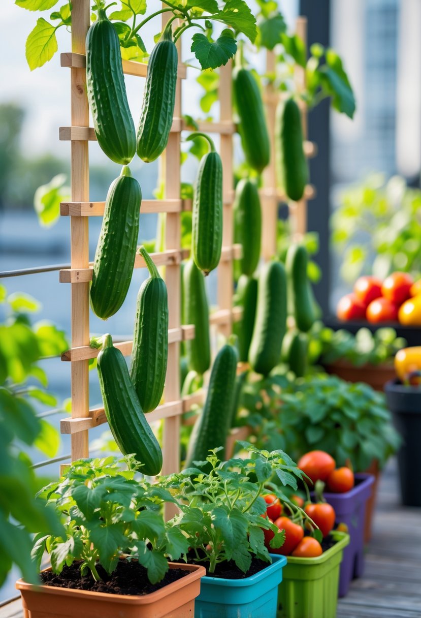 Cucumbers growing on small trellises in colorful containers with other vegetables in an outdoor garden setting.
