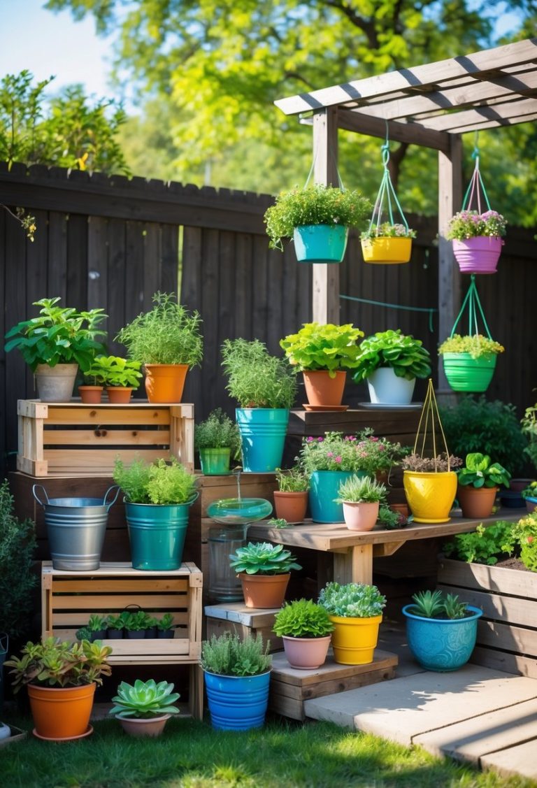 A backyard patio with 15 different container gardening setups featuring various plants in pots, crates, buckets, and hanging baskets arranged creatively.