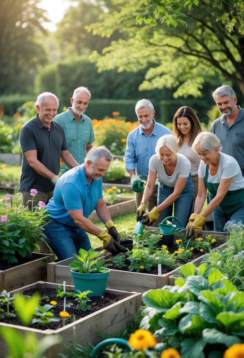 People gardening outdoors in a lush, sunny garden, planting and watering plants surrounded by flowers and greenery.