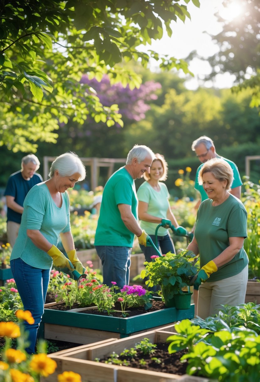 People gardening together in a sunny, colorful community garden surrounded by plants and flowers, showing calm and peaceful expressions.