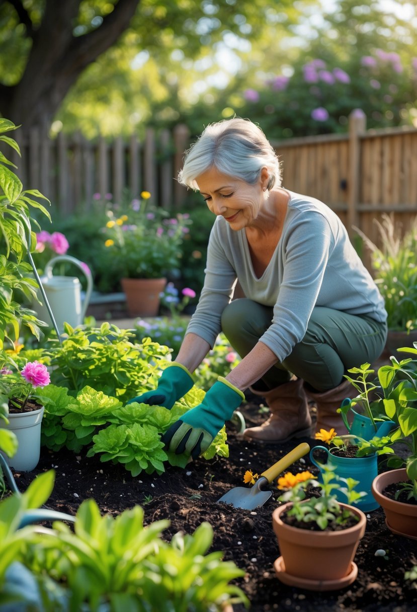 A woman gardening outdoors in a lush garden, tending to plants and flowers with a calm expression.