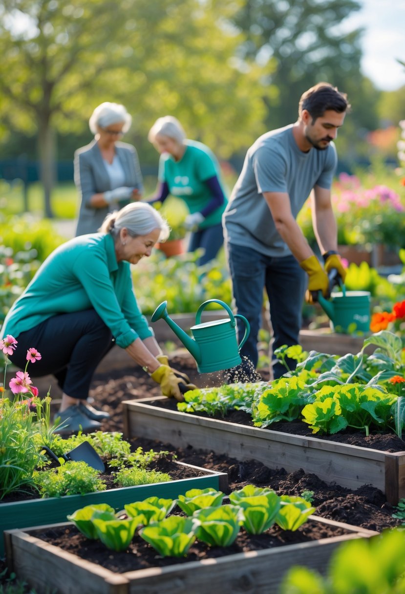 People gardening outdoors in a sunny community garden, planting and watering plants among flowers and vegetables.