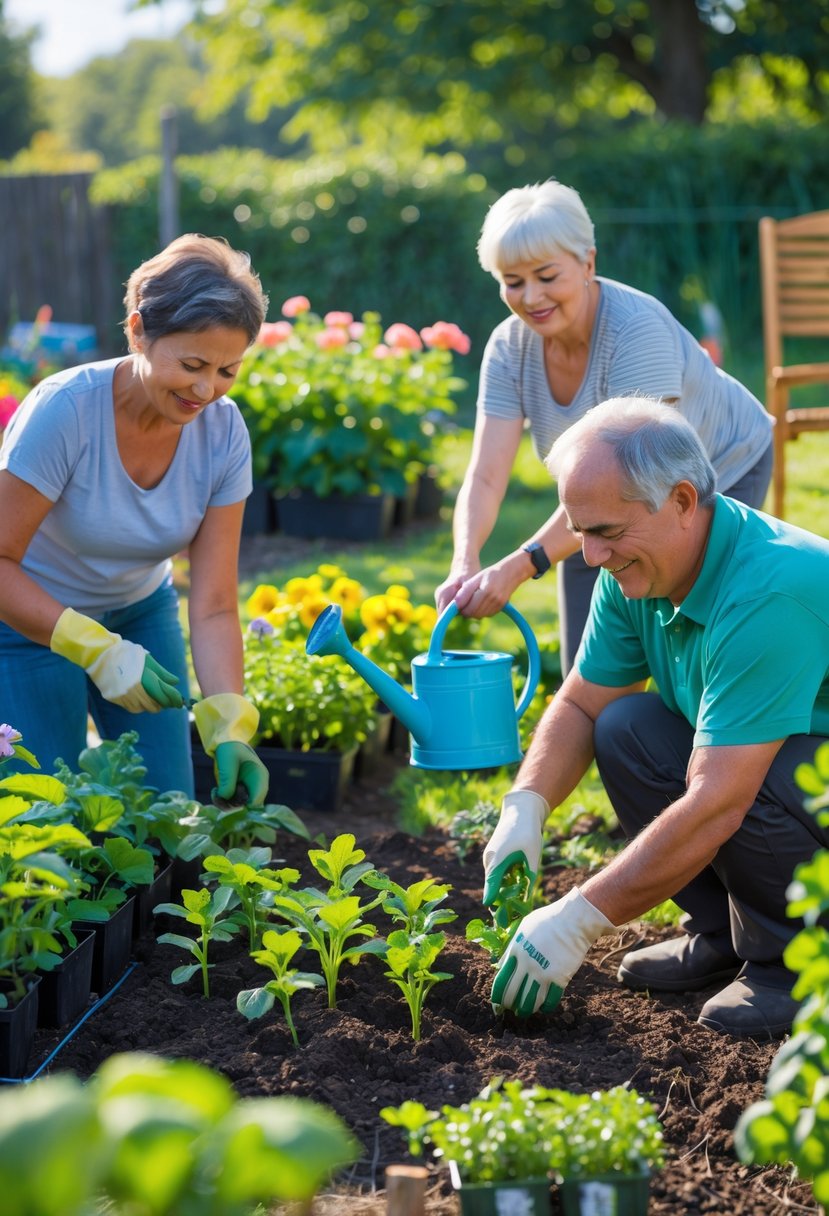 People gardening together in a sunny community garden, planting, watering, and pruning plants.