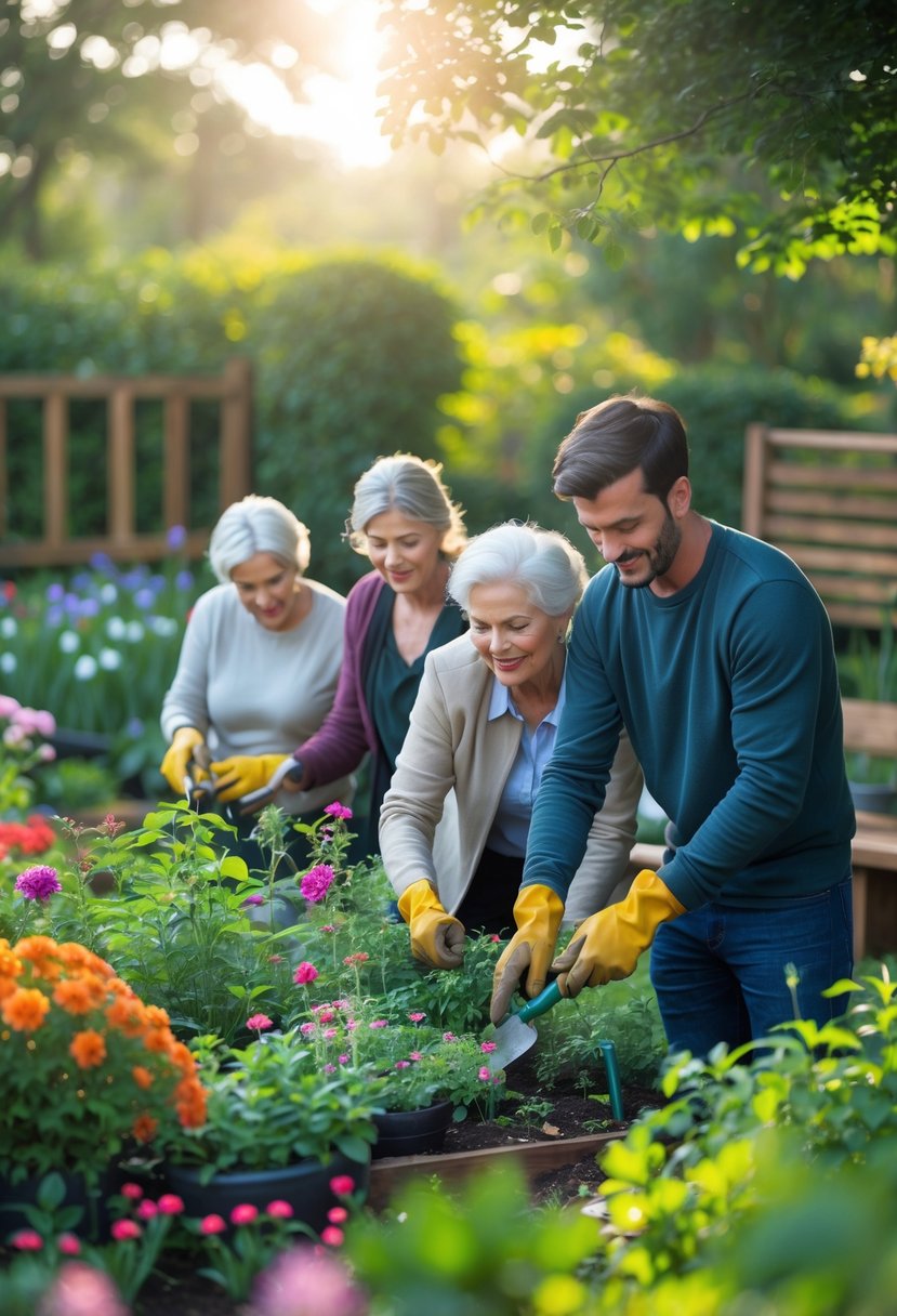 People gardening together in a sunny garden surrounded by flowers and plants.
