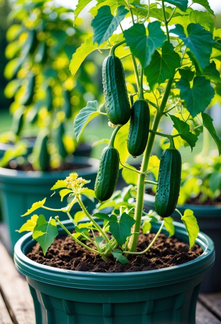 Healthy cucumber plants growing in large containers on a wooden deck with ripe cucumbers hanging from the vines.