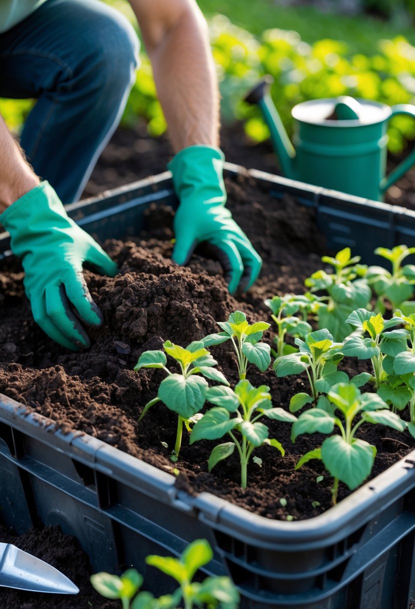 Hands preparing rich soil in a container with young cucumber plants in an outdoor garden setting.