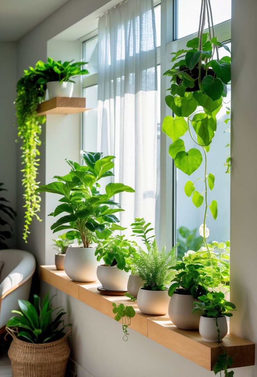 A bright indoor scene with various healthy houseplants arranged on shelves and near a window in a cozy living room.