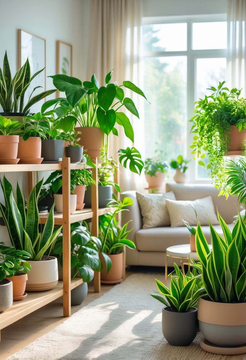 A variety of healthy indoor plants arranged on shelves and pots in a bright living room with sunlight coming through large windows.