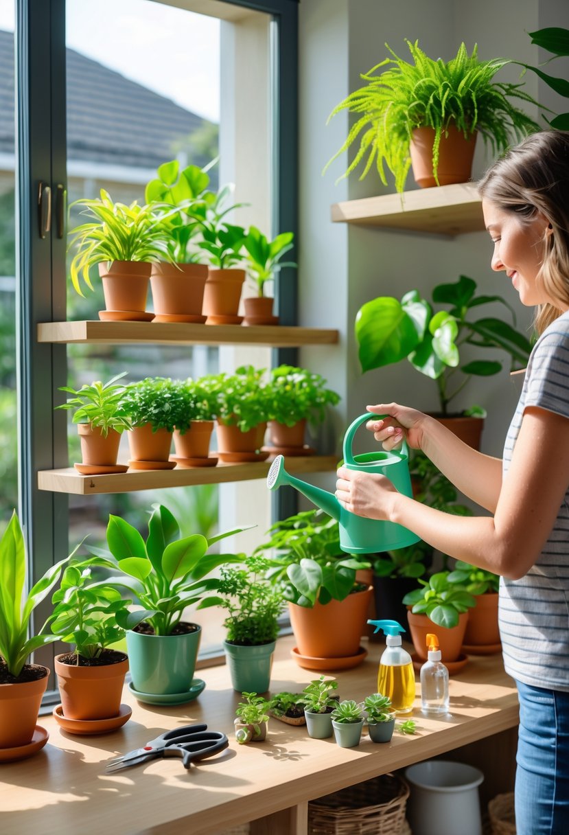 A person watering various healthy indoor plants on wooden shelves and a windowsill in a bright living room filled with natural light.