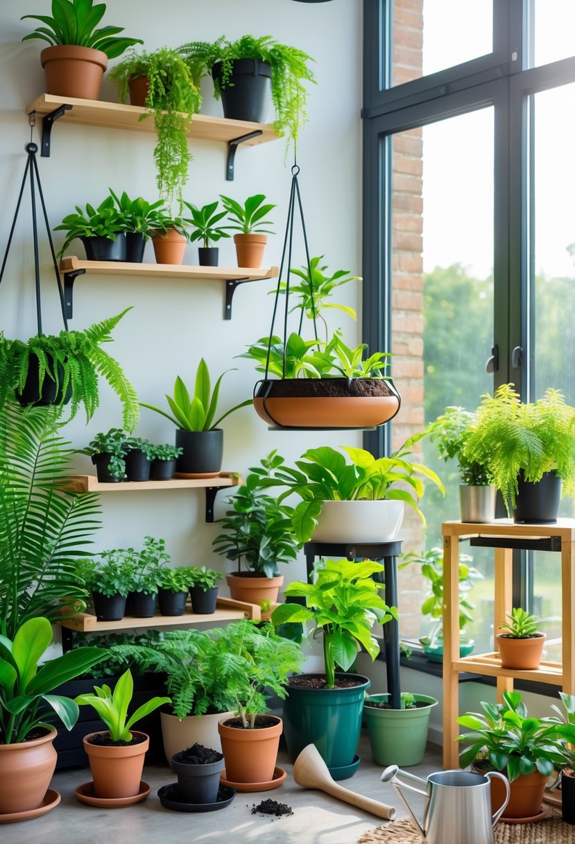 A sunlit indoor space with various green plants arranged on shelves and stands near a window, along with gardening tools and pots.