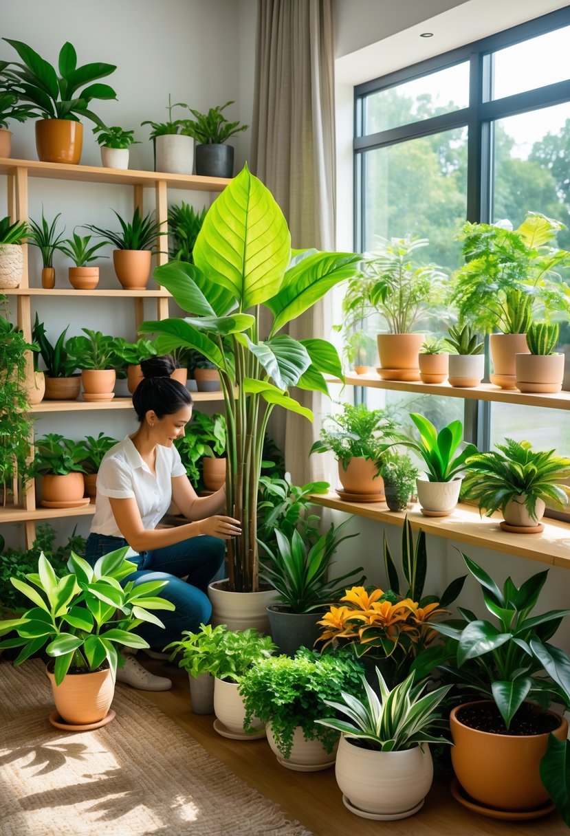 A person watering various healthy indoor plants near a sunlit window in a cozy living room filled with greenery.