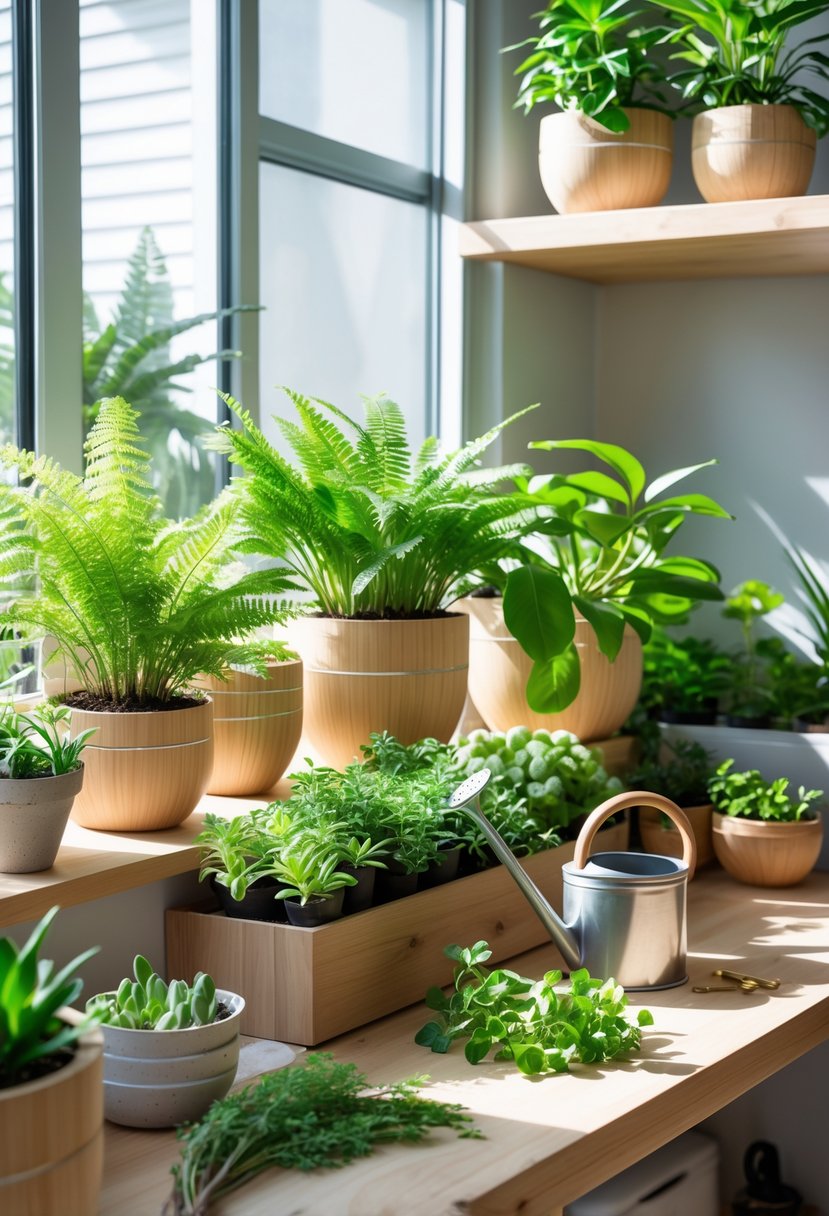 A bright indoor space with various healthy potted plants on wooden shelves and a windowsill, featuring eco-friendly gardening tools nearby.