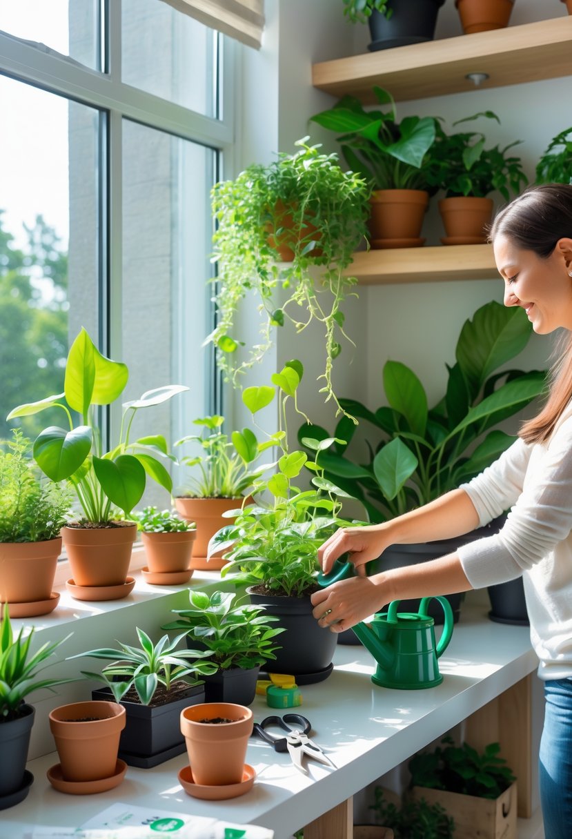 Hands tending to various healthy indoor plants on shelves and windowsill in a bright room with gardening tools and supplies nearby.