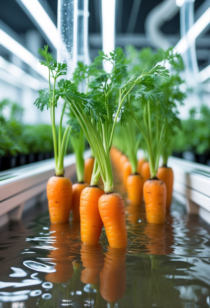 Close-up of healthy orange carrots growing in a hydroponic system with green tops and water-filled troughs indoors.